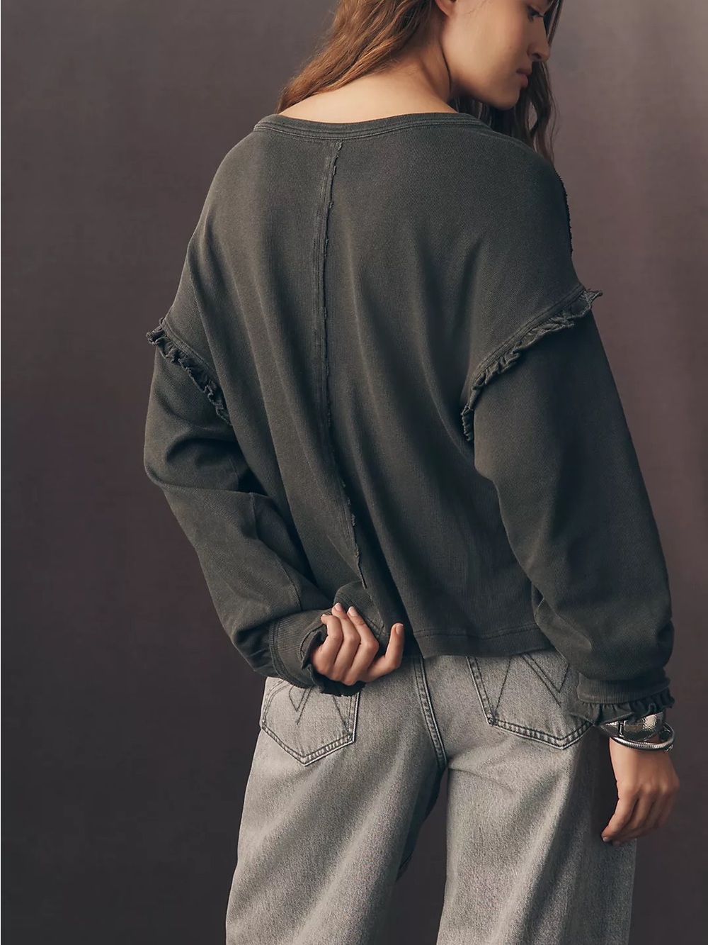 Nwot Pilcro Après Long-Sleeve Ruffled Cotton T-Shirt - Picture 2 of 6